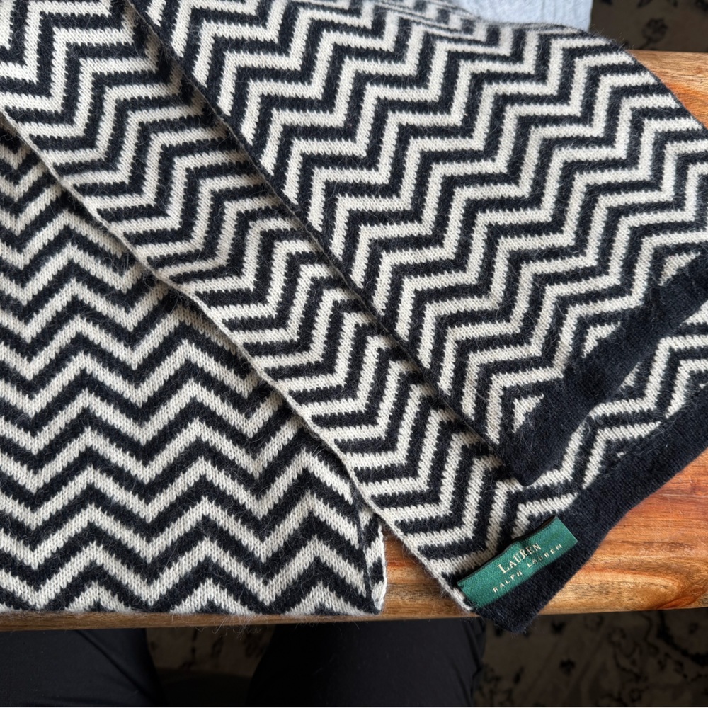 Lauren Ralph Lauren Black & White Chevron Lambswool Angora Scarf